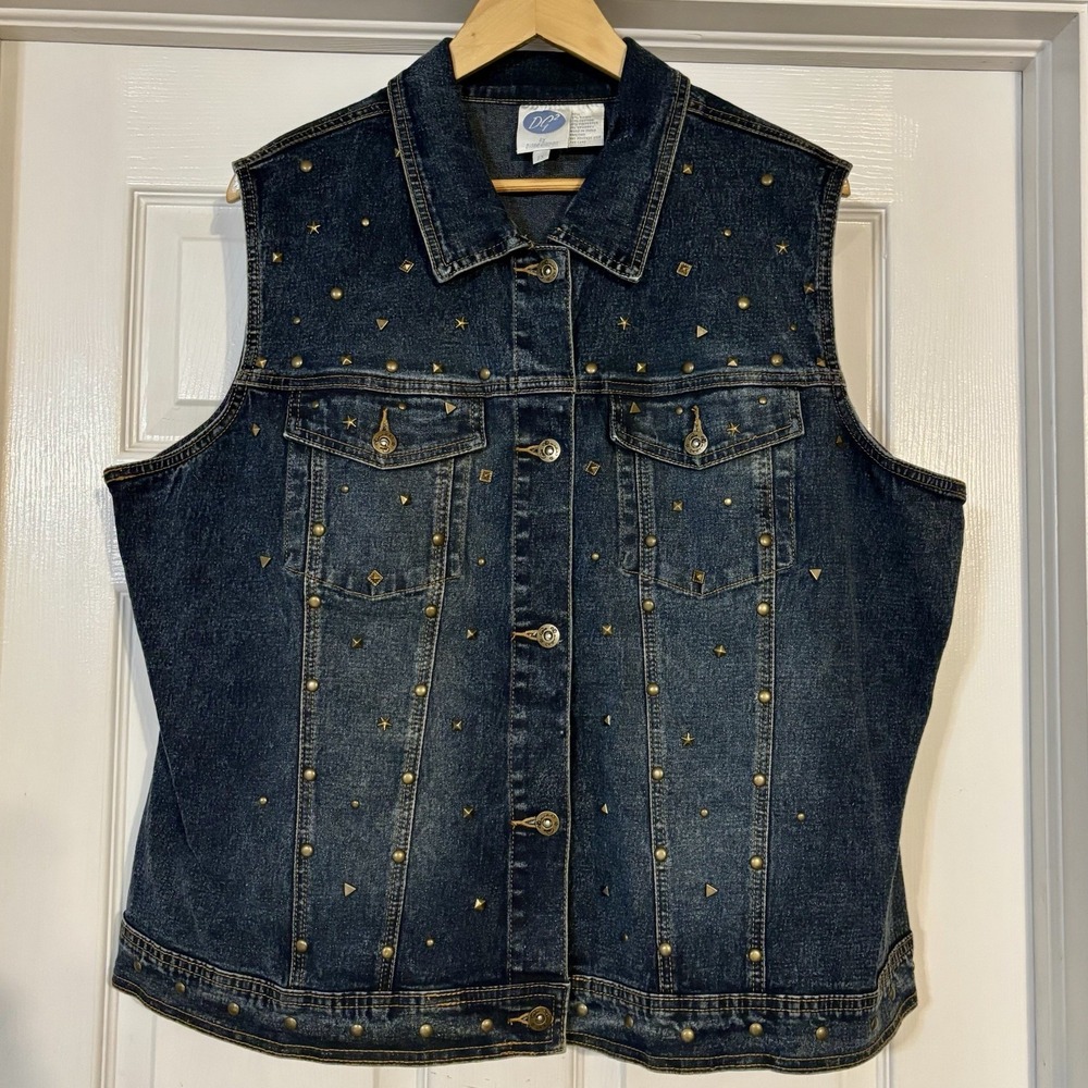 DG2 Diane Gillman Blue Denim Vest Studded Accents Women's 2XL Button Up - Moto